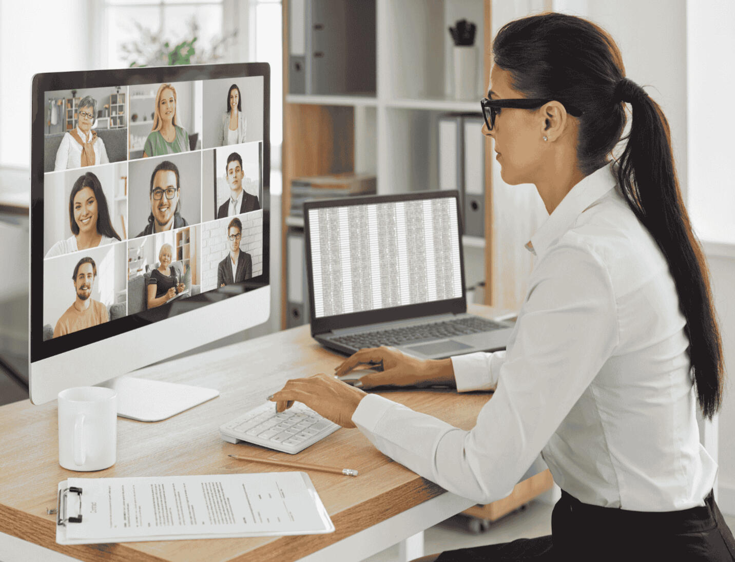 alt=Woman in smart business outfit taking part in an online video call of the Bizconverts Animated Video Team